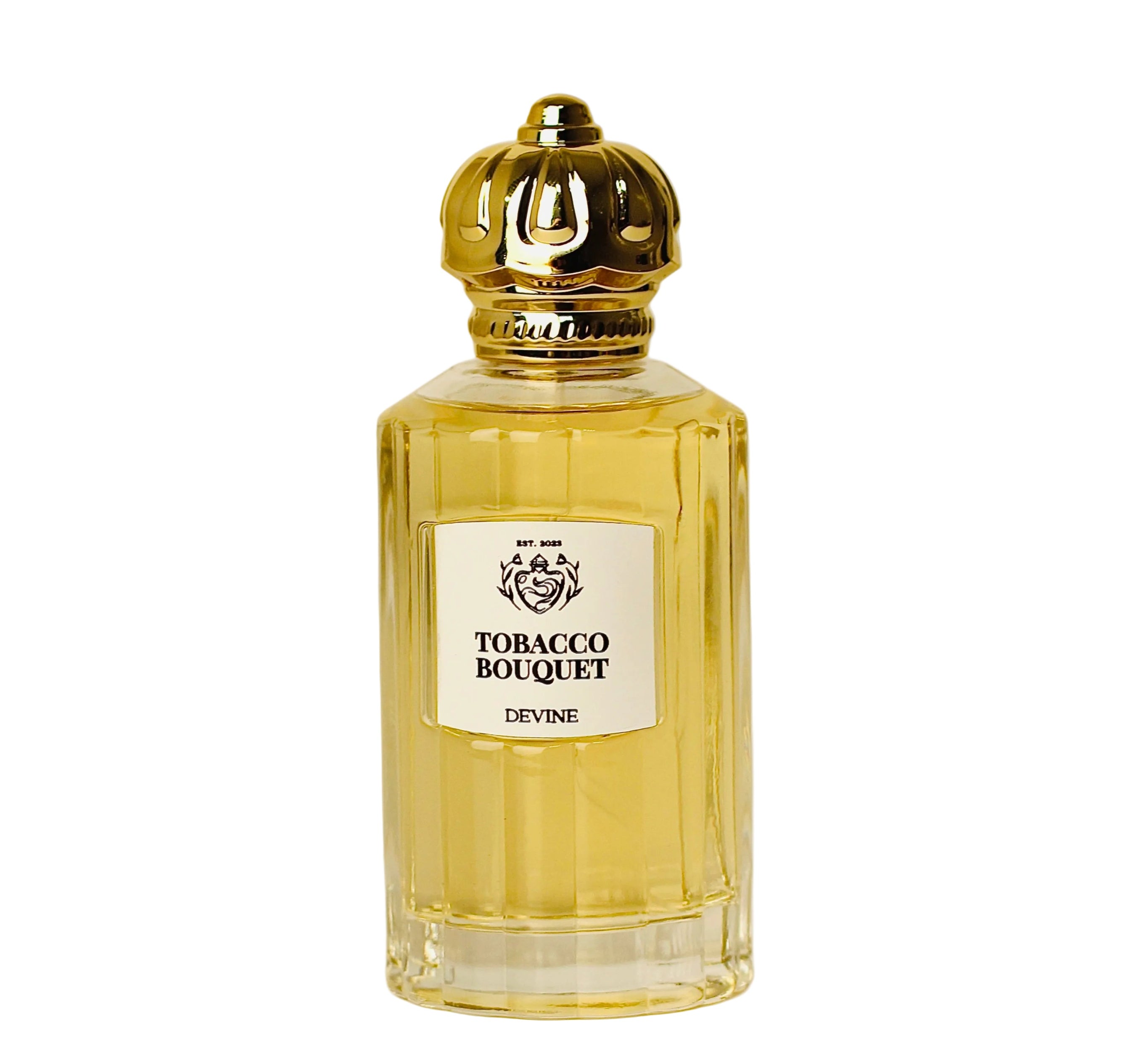 Perfume bottle labeled 'Tobacco Bouquet' by Devine on a white background