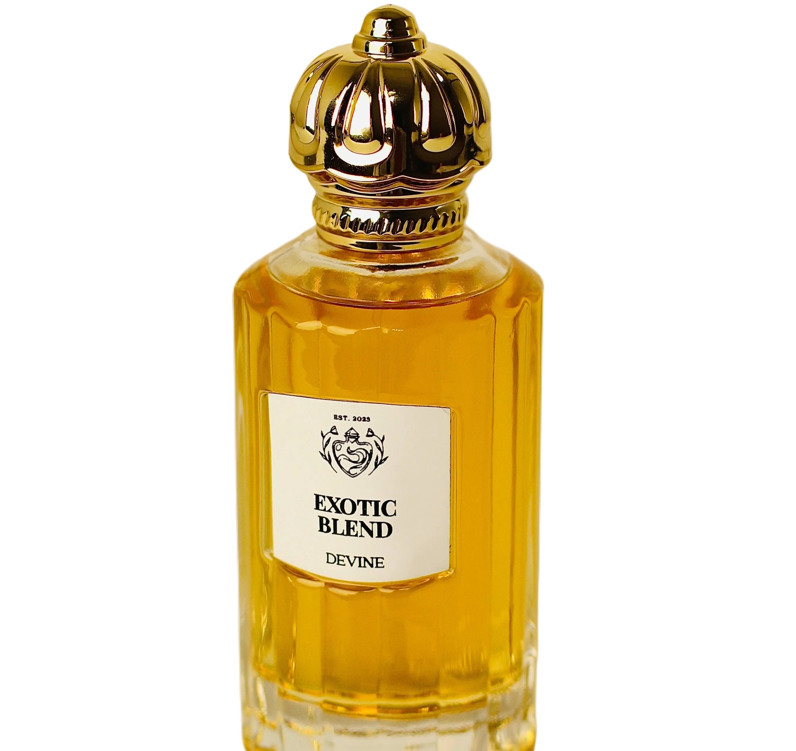 Perfume bottle labeled 'Exotic Blend Devine' with a gold cap on a white background