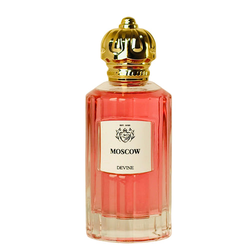 Perfume bottle labeled 'Moscow Devine' with a gold cap on a white background